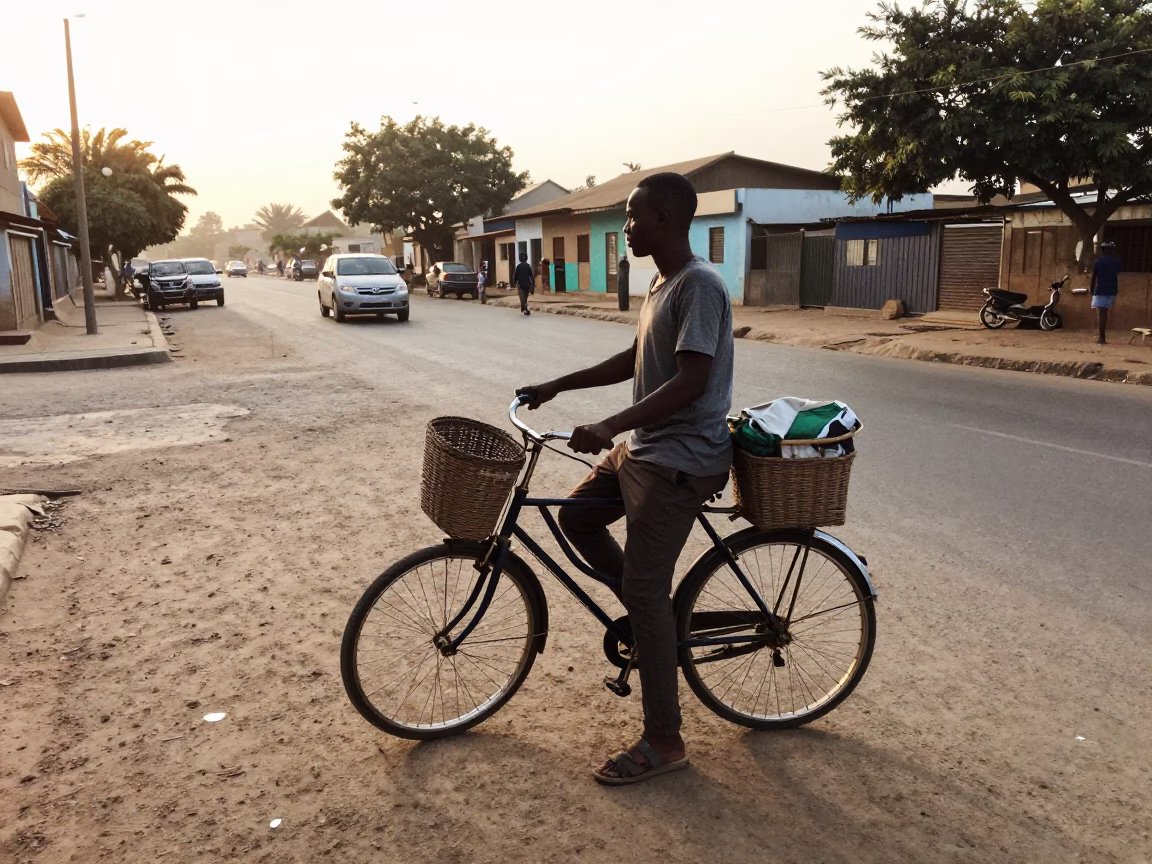 Early Morning Dakar Street Scene with Bicycle Basket and Local Commerce in in Dakar, Senegal