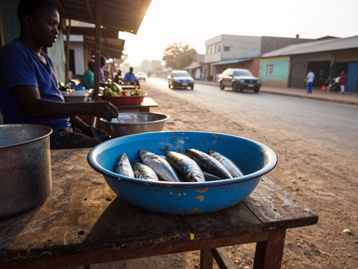 Early Morning Dakar Street Scene with Chipped Blue Enamel Bowl and Thread Spool in in Dakar, Senegal