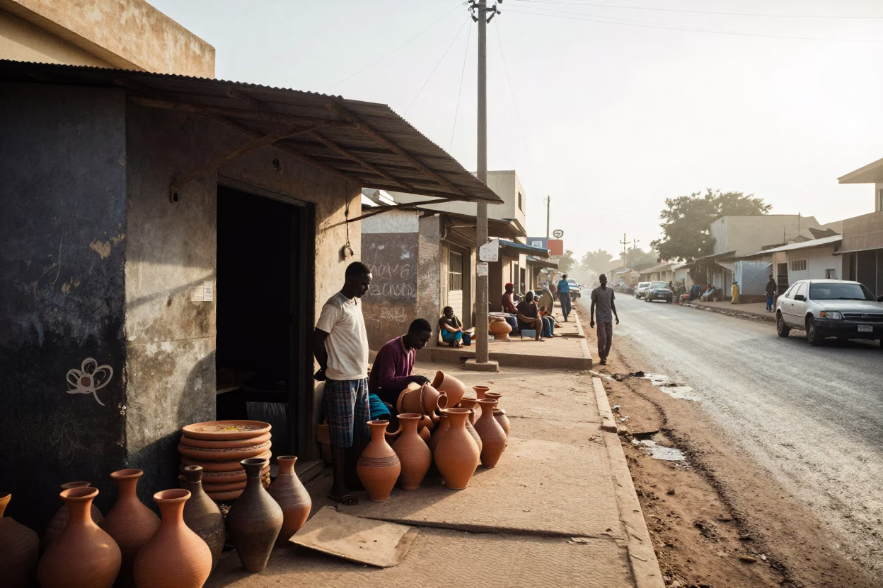 Early Morning Dakar Street Scene with Clay Pots and Soap Residue on Doorframe in in Dakar, Senegal