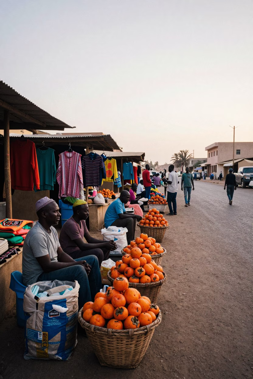Early Morning Dakar Street Scene with Colorful Stalls and Morning Light in in Dakar, Senegal