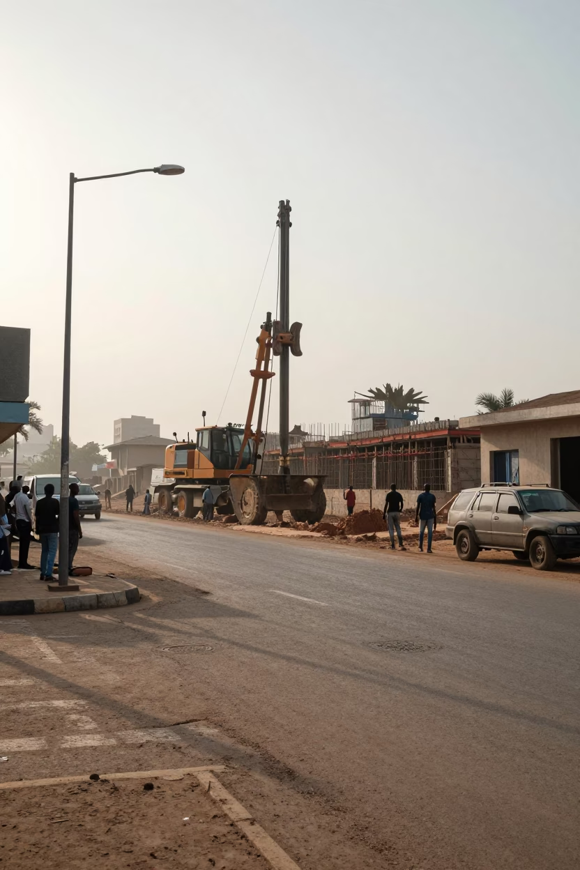 Early Morning Dakar Street Scene with Construction Pile Driver and Chipped Blue Enamel Pot in in Dakar, Senegal