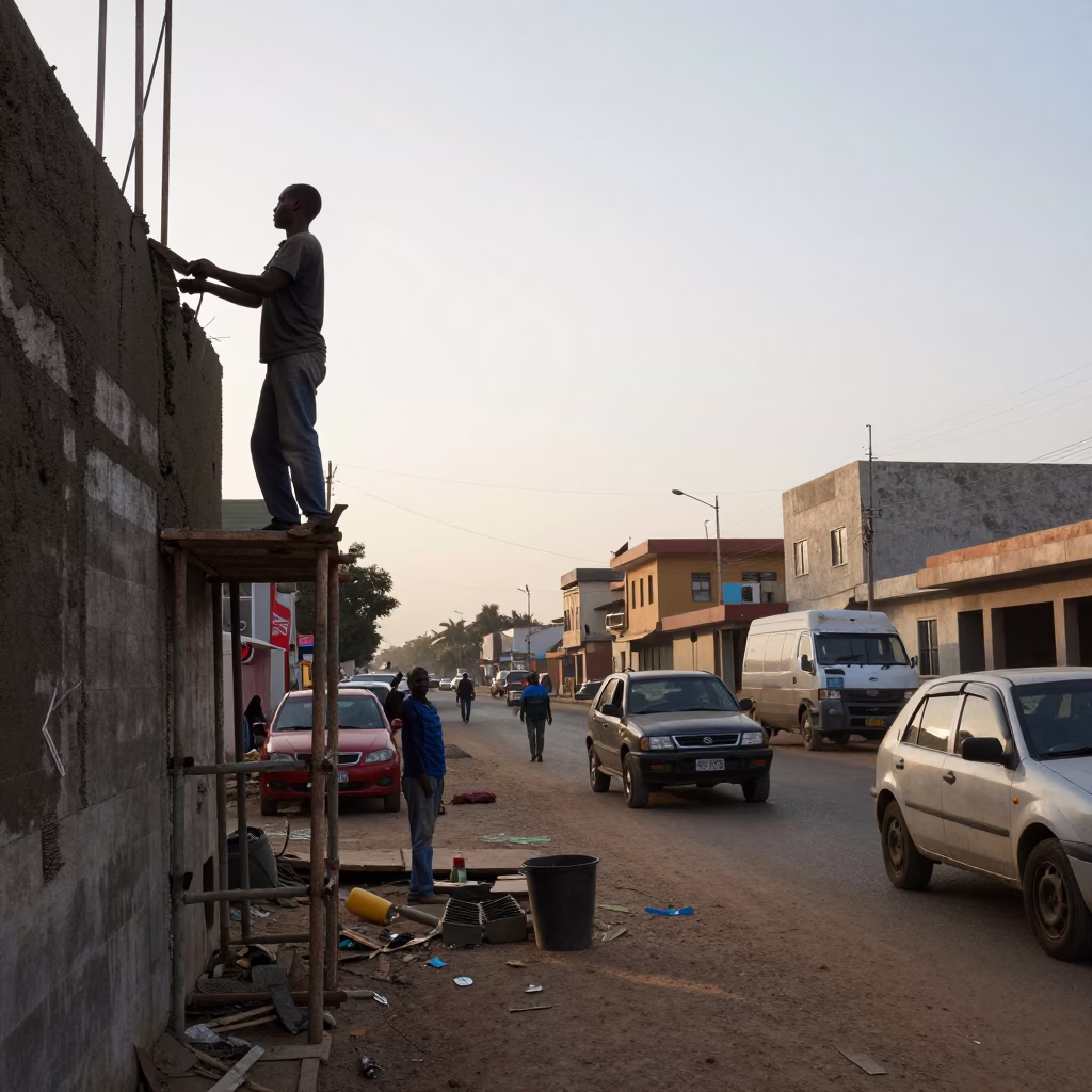 Early Morning Dakar Street Scene with Construction Work and Local Daily Life in in Dakar, Senegal