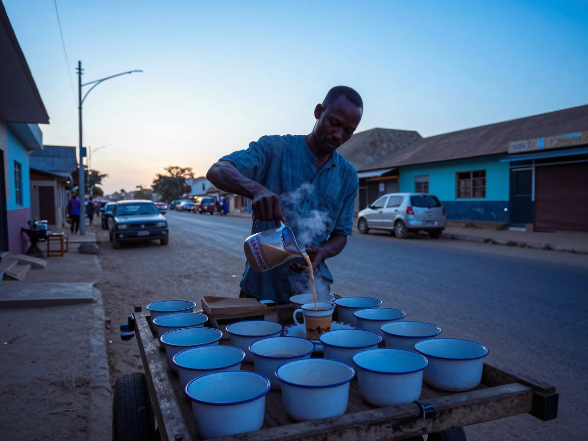 Early Morning Dakar Street Scene with Enamel Bowls and Chai at Sunrise in in Dakar, Senegal