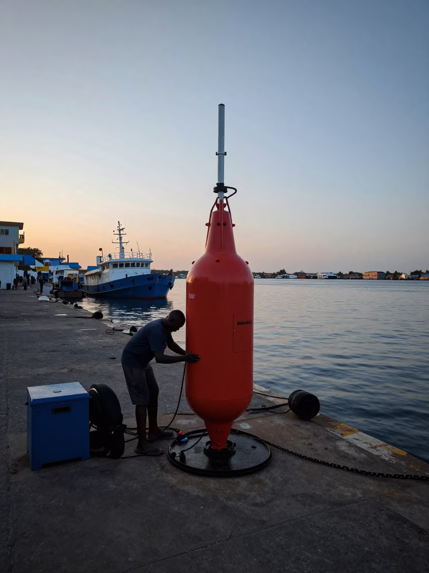 Early Morning Dakar Street Scene with Hydrophone Buoy Preparation at Senegal Coast in in Dakar, Senegal