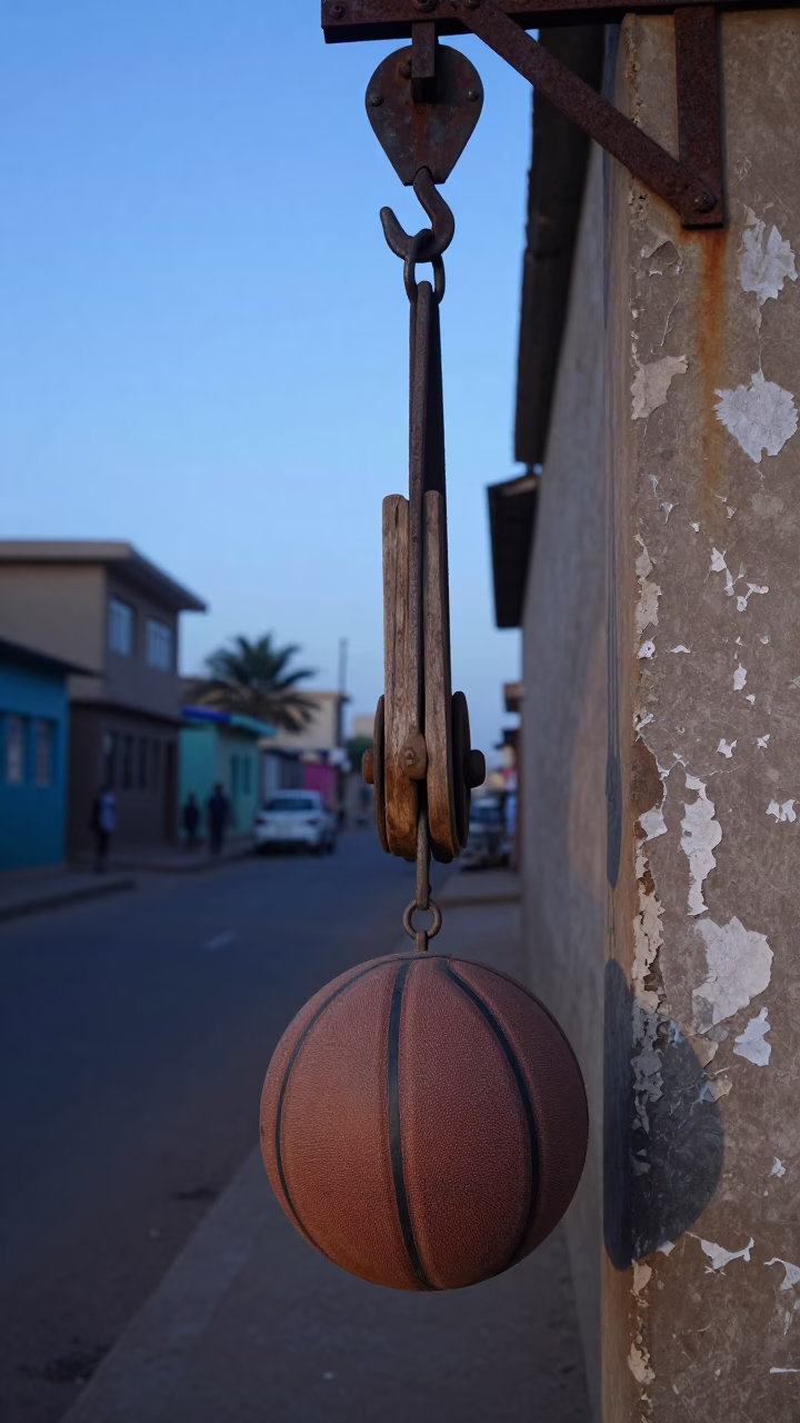 Early Morning Dakar Street Scene with Leathery Basketball and Pulley Before Sunrise in in Dakar, Senegal