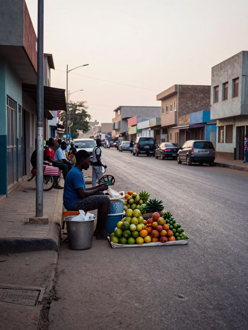 Early Morning Dakar Street Scene with Local Vendor and Blue Minibus in in Dakar, Senegal