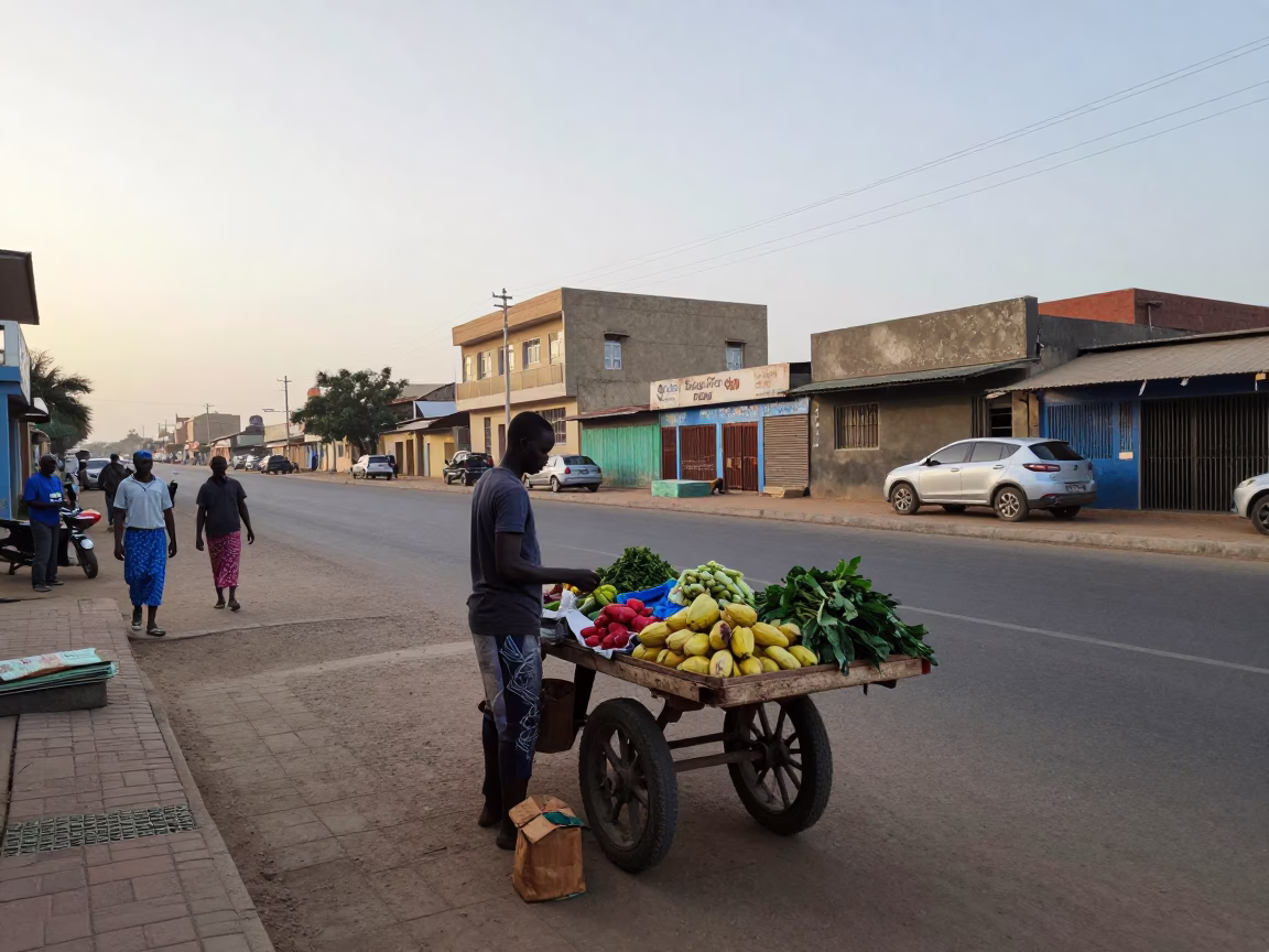Early Morning Dakar Street Scene with Local Vendor and Glass Carafe in in Dakar, Senegal