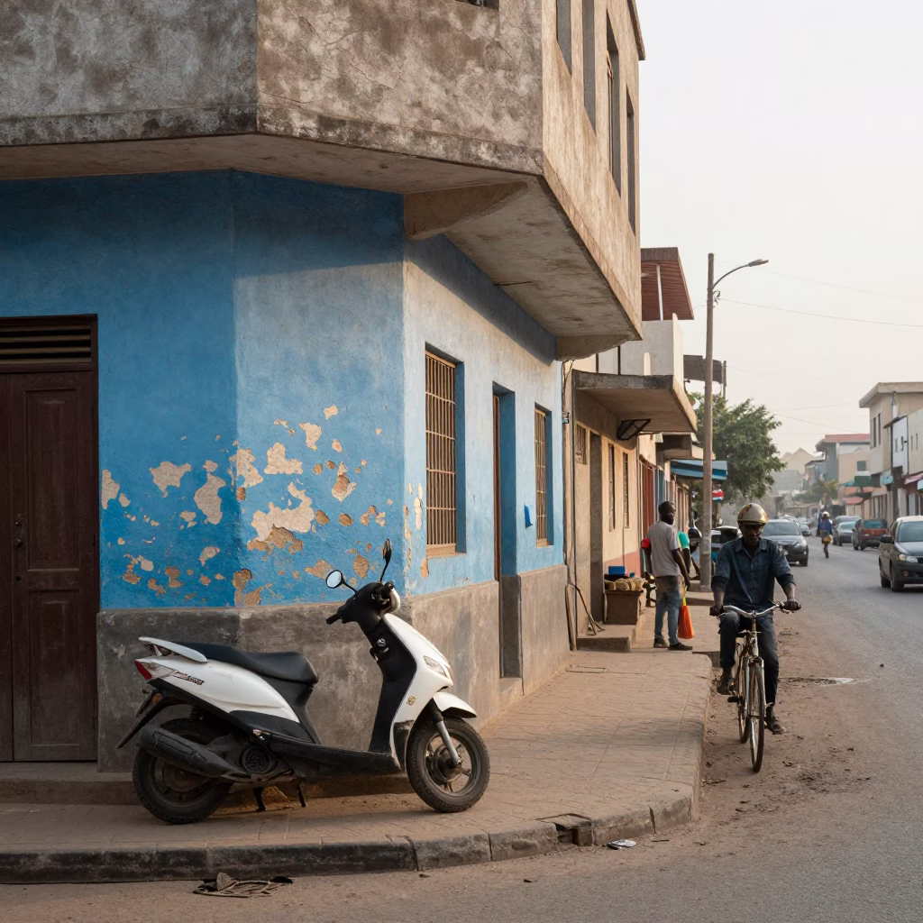 Early Morning Dakar Street Scene with Scooter and Bicycle Basket in in Dakar, Senegal