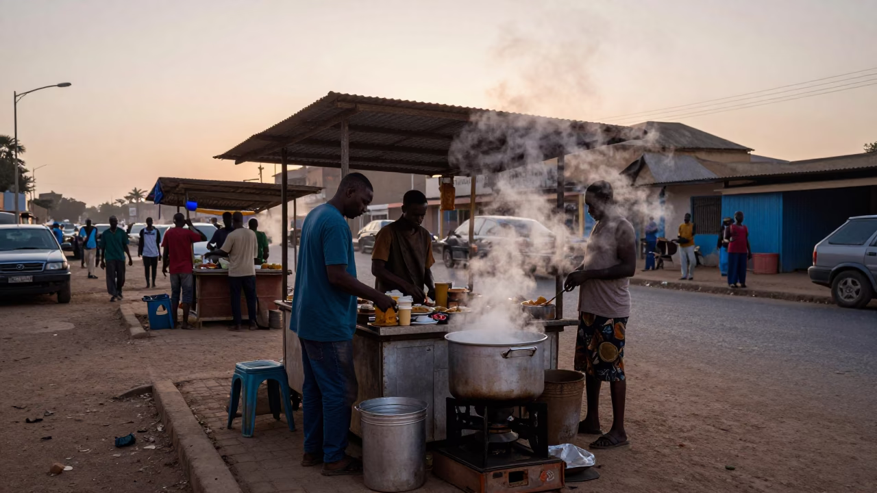 Early Morning Dakar Street Scene with Senegalese Breakfast Stall at Dawn in in Dakar, Senegal