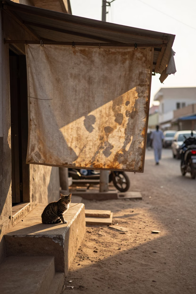 Early Morning Dakar Street Scene with Sun-bleached Canvas and Tabby Cat in in Dakar, Senegal