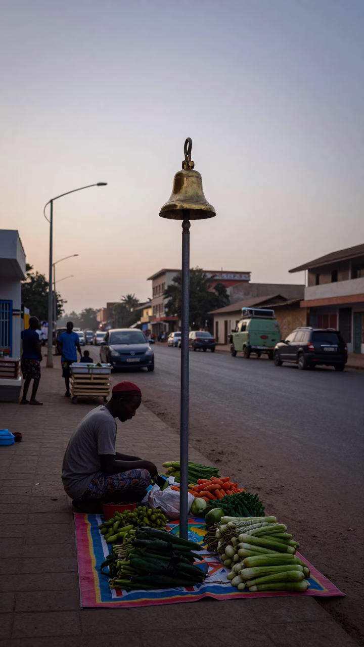 Early Morning Dakar Street Scene with Vintage Bell and Local Market Activity in in Dakar, Senegal