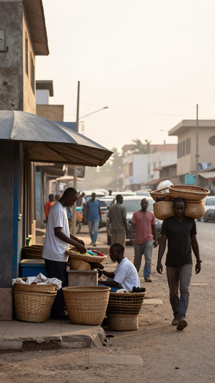 Early Morning Dakar Street Scene with Woven Baskets and Local Commerce in in Dakar, Senegal