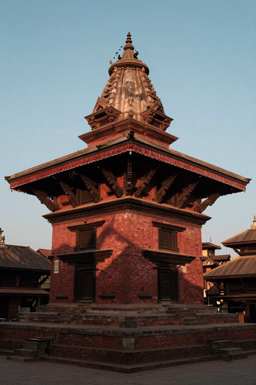 Early Morning Dawn Light on Ancient Stone Temple Facade in Kathmandu Nepal in in Kathmandu, Nepal