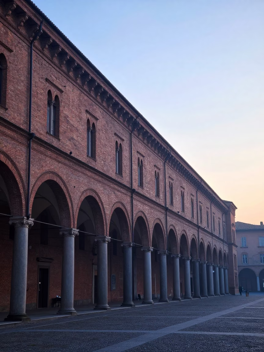 Early Morning Dawn Light on Historic Bologna Porticoes and Cobblestone Streets in in Bologna, Italy