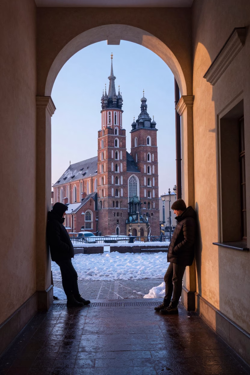 Early Morning Dawn Scene in Krakow Poland with Rusty Basin and Lived-In Details in in Krakow, Poland