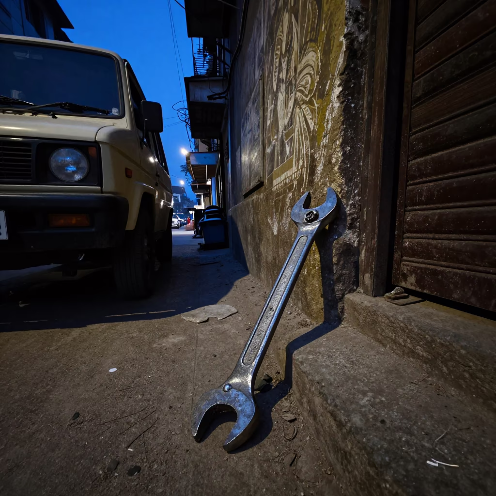 Early Morning Delhi Street Scene Before Dawn with Wrench and Concrete Infrastructure in in Delhi, India
