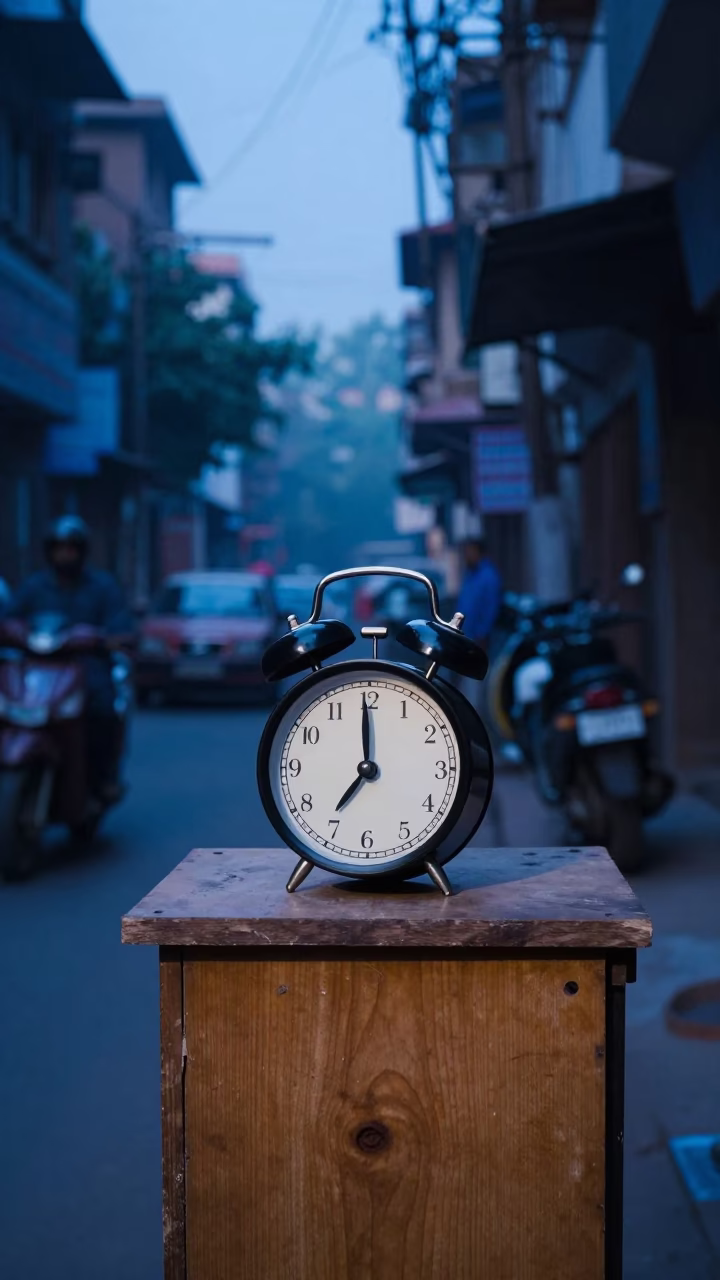 Early Morning Delhi Street Scene with Alarm Clock and Condensation Before Dawn in in Delhi, India