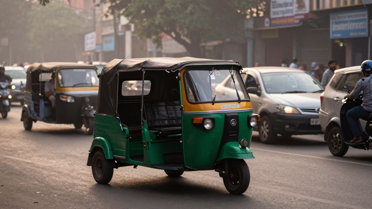 Early Morning Delhi Street Scene with Auto Rickshaw and Local Market Activity in in Delhi, India