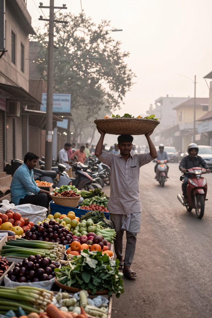 Early Morning Delhi Street Scene with Basket Tray and Local Commerce in in Delhi, India