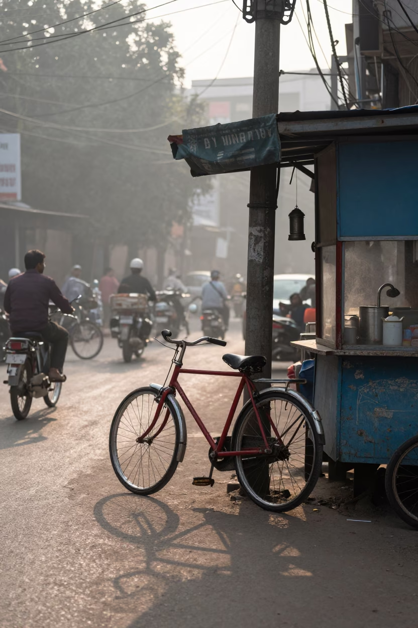 Early Morning Delhi Street Scene with Bicycle and Tea Stall at First Light in in Delhi, India