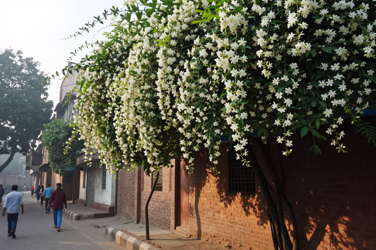 Early Morning Delhi Street Scene with Climbing Jasmine and Local Life in in Delhi, India