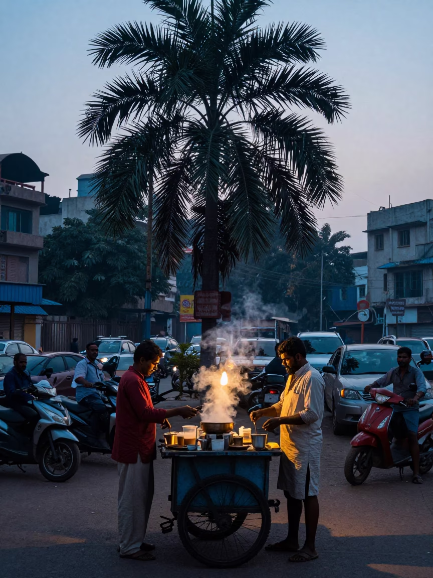 Early Morning Delhi Street Scene with Date Palm and Morning Tea Setup Before Sunrise in in Delhi, India