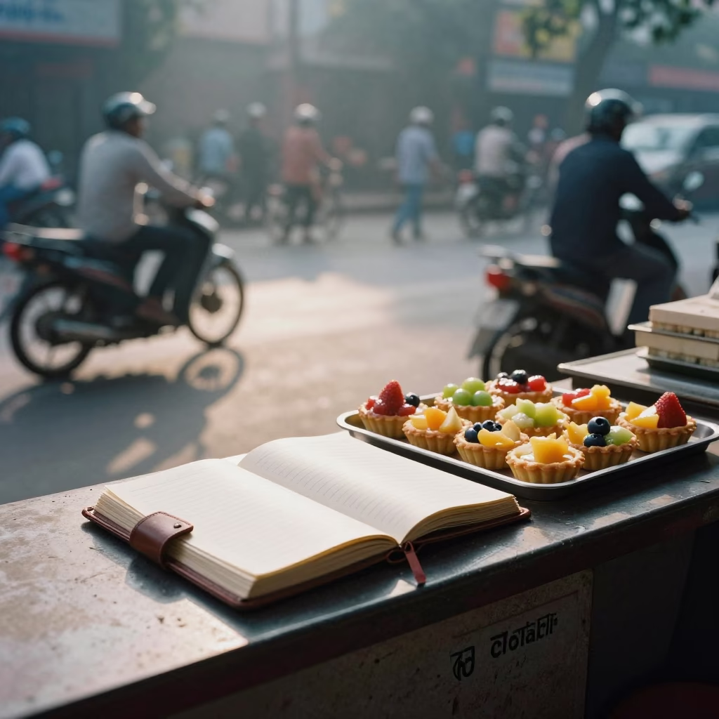 Early Morning Delhi Street Scene with Ledger and Fresh Fruit Tarts in in Delhi, India