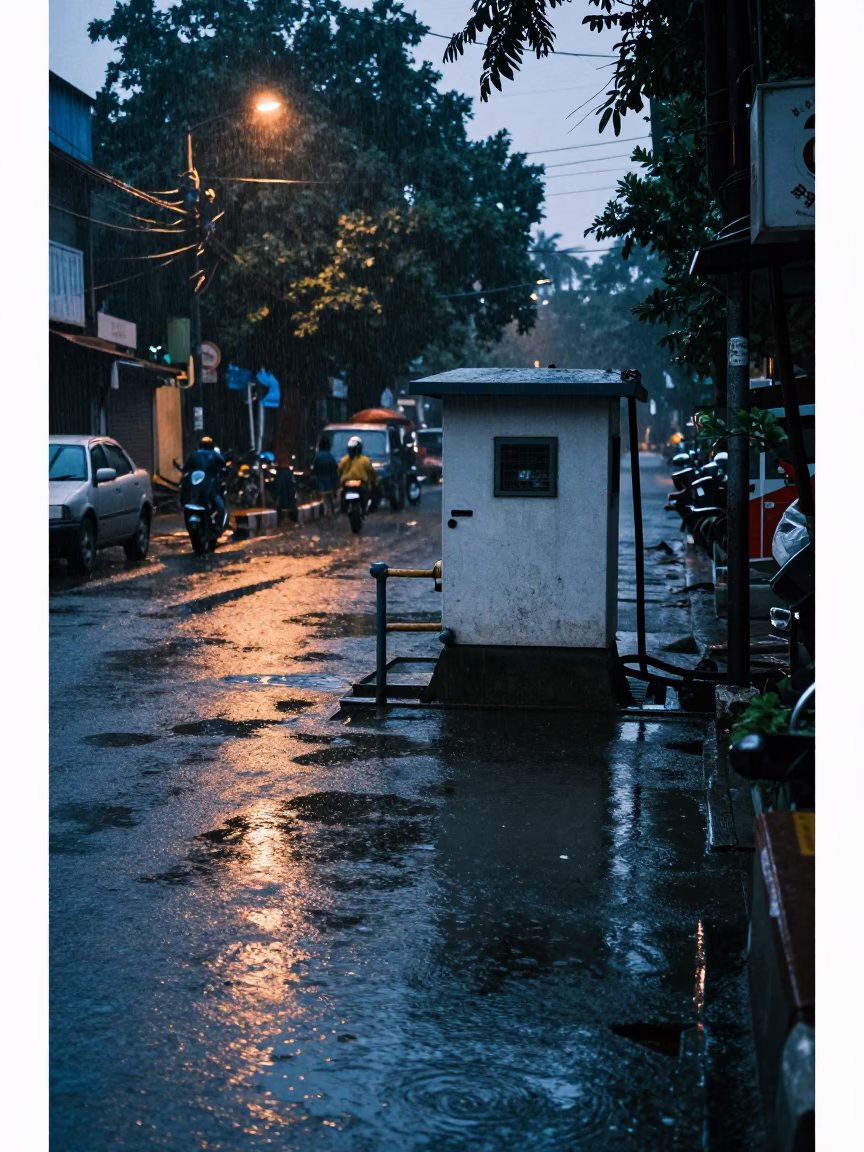 Early Morning Delhi Street Scene with Levee Pump House Window Glowing Over Floodwater in in Delhi, India
