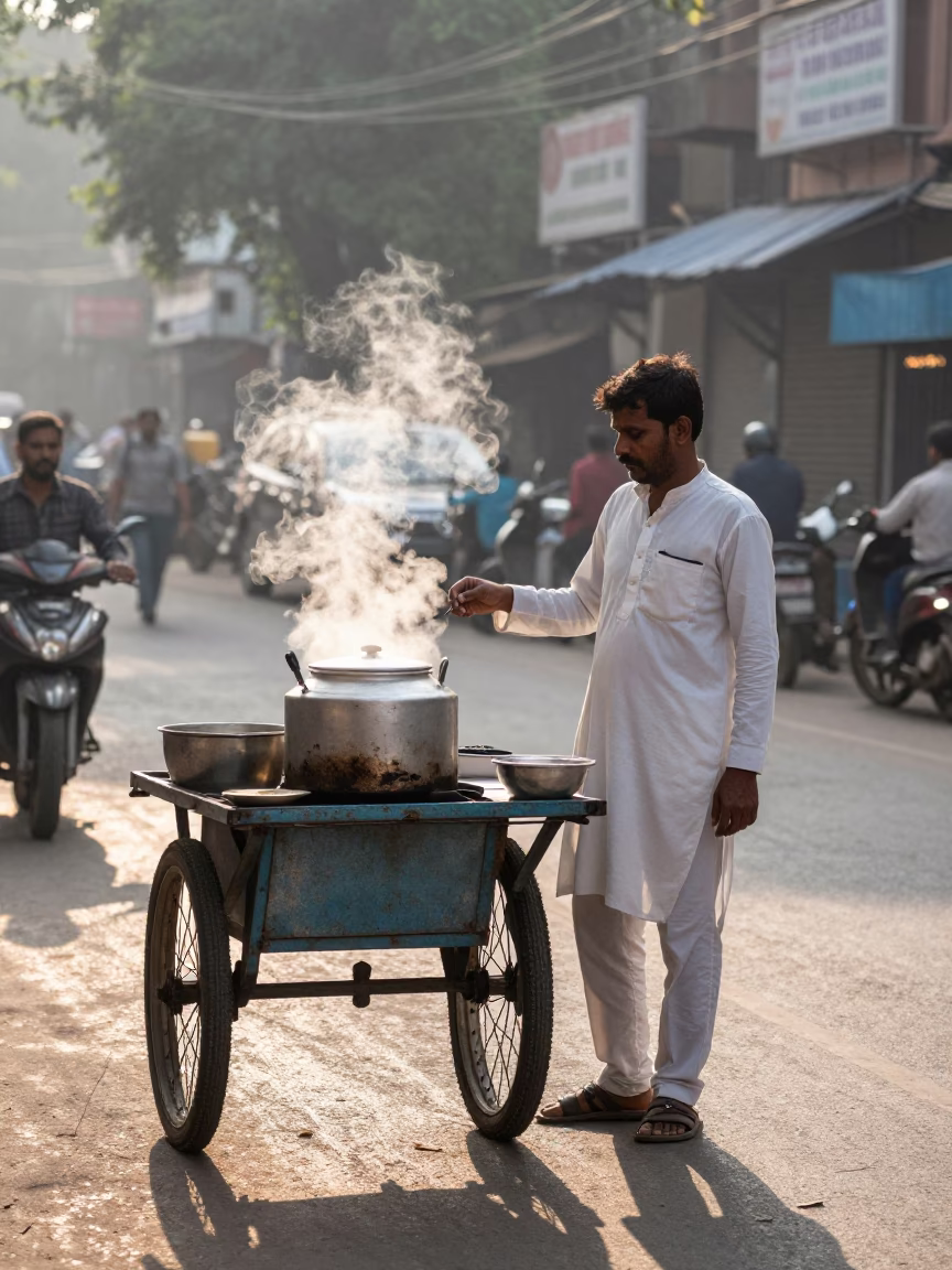 Early Morning Delhi Street Scene with Local Vendor and Morning Light in in Delhi, India