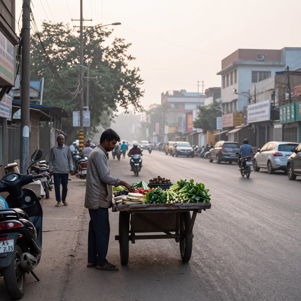 Early Morning Delhi Street Scene with Local Vendor and Vintage Cart in in Delhi, India
