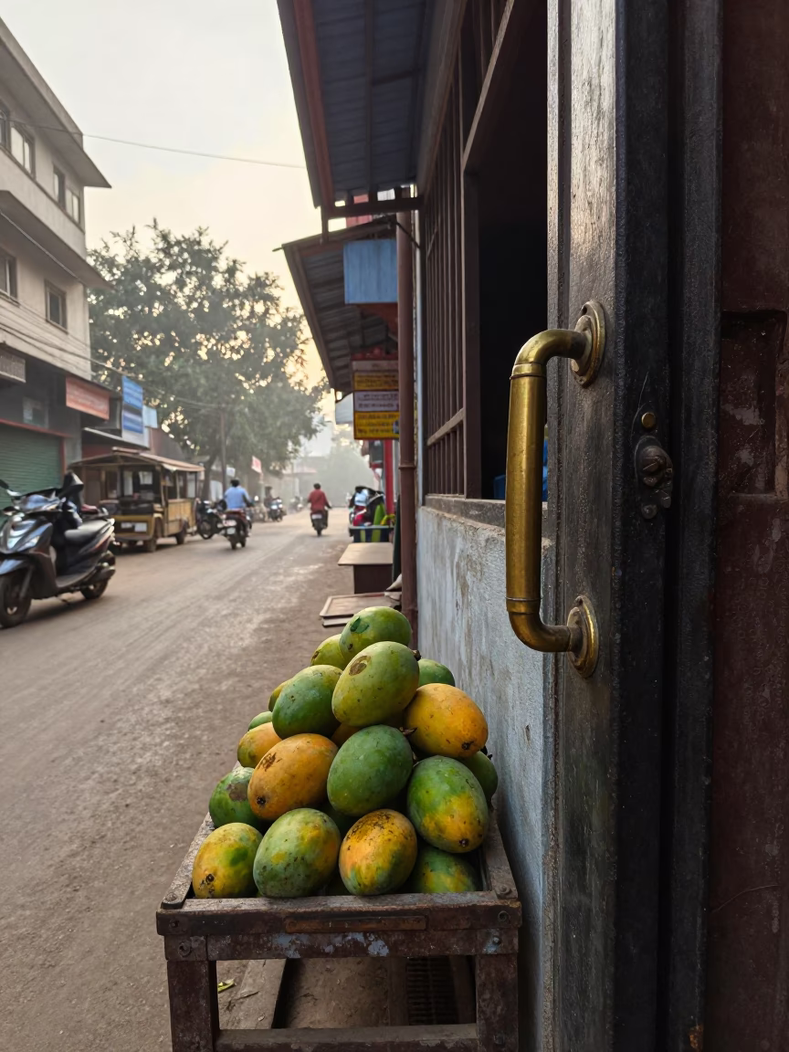 Early Morning Delhi Street Scene with Mangoes and Vintage Gate Handle in in Delhi, India