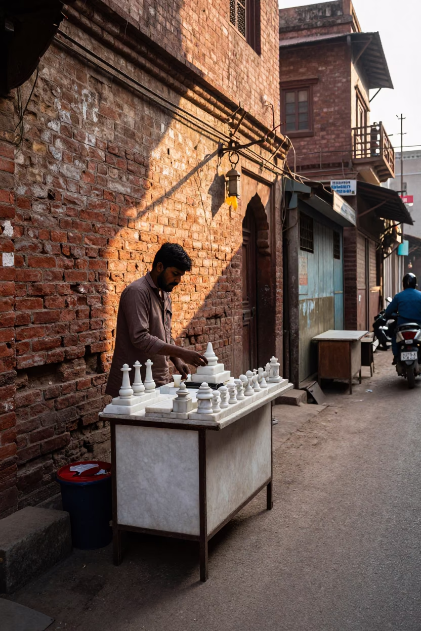 Early Morning Delhi Street Scene with Marble Set and Glazed Ceramic in in Delhi, India