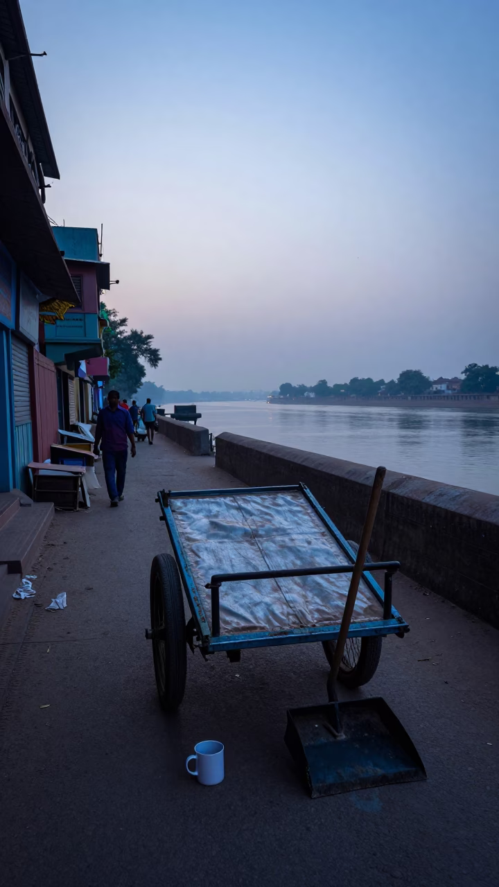 Early Morning Delhi Street Scene with Mug and Dustpan Before Sunrise in in Delhi, India