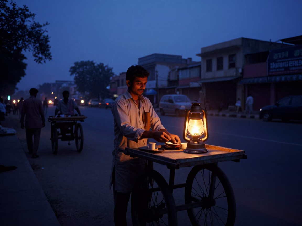 Early Morning Delhi Street Scene with Oil Lamp and Morning Light in in Delhi, India