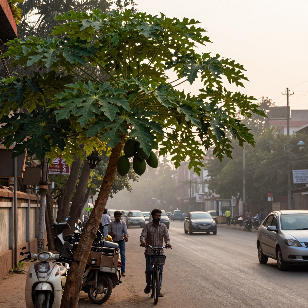 Early Morning Delhi Street Scene with Papaya Tree and Local Commuters in in Delhi, India