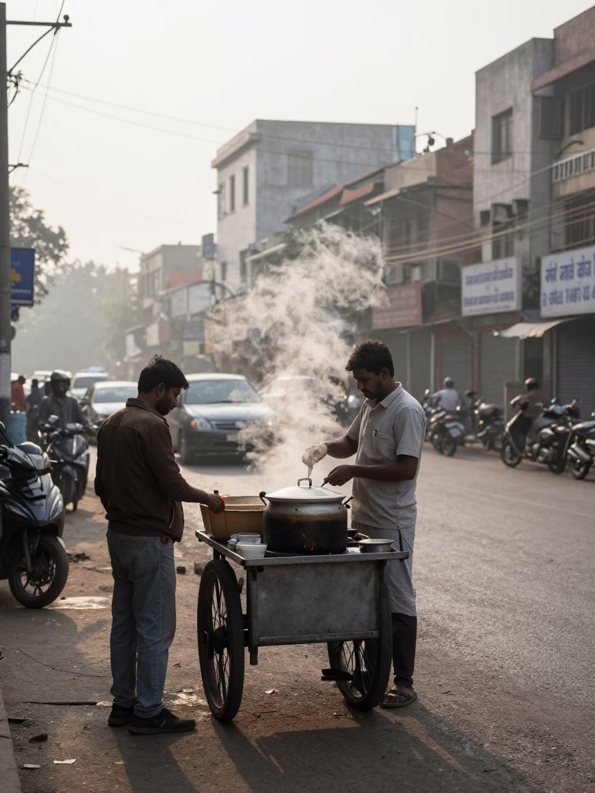 Early Morning Delhi Street Scene with Steam and Local Commerce in in Delhi, India