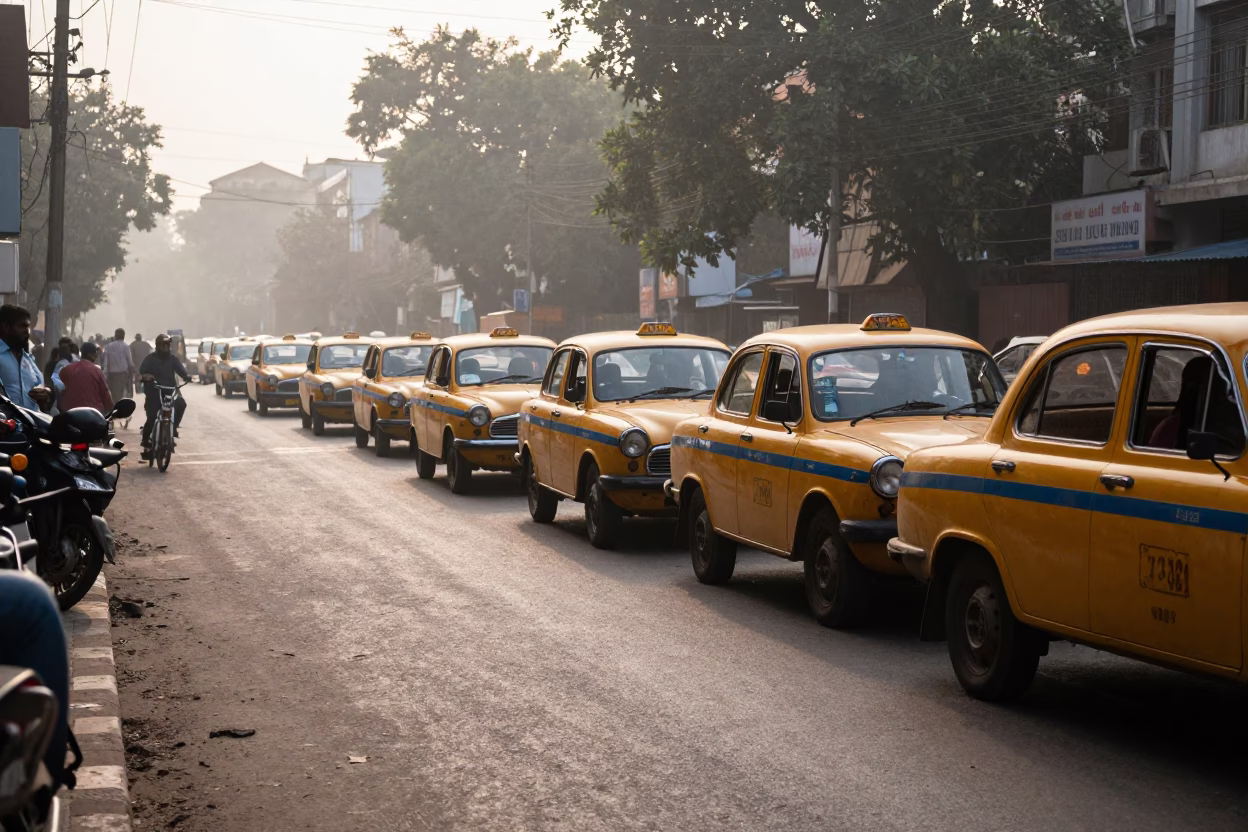 Early Morning Delhi Street Scene with Taxi Rank and Local Life in in Delhi, India