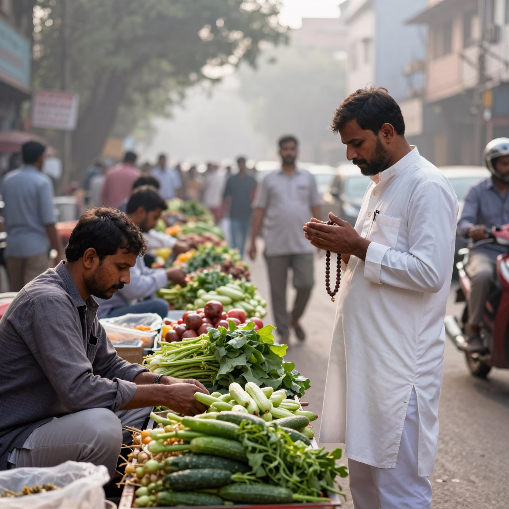 Early Morning Delhi Street Scene with Vendor and Prayer Beads in in Delhi, India