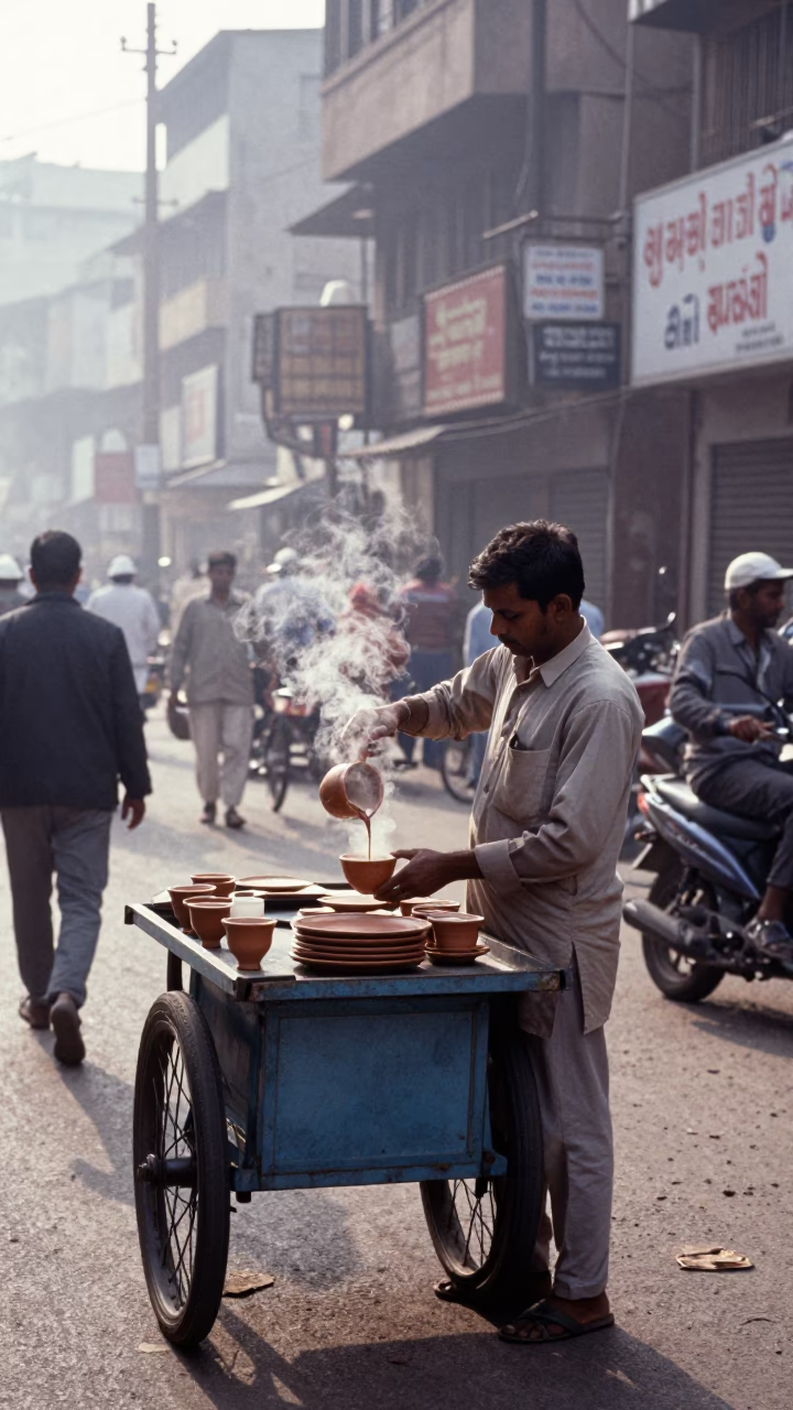 Early Morning Delhi Street Scene with Vendor and Tea Stains on Wall in in Delhi, India