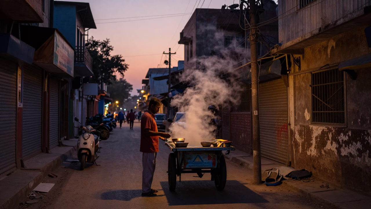 Early Morning Delhi Street Scene with Vendor Cart and Puddle Reflections in in Delhi, India