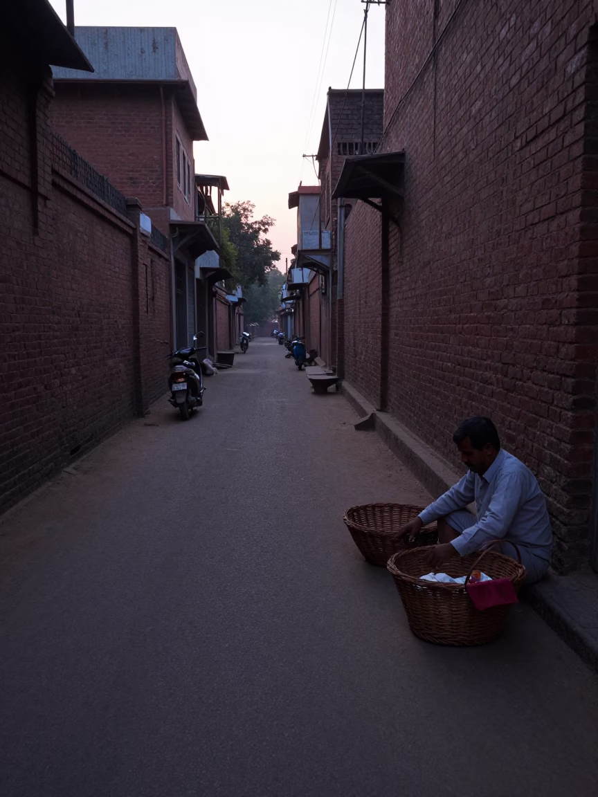 Early Morning Delhi Street Scene with Wicker Basket and Vintage Kettle Before Dawn in in Delhi, India