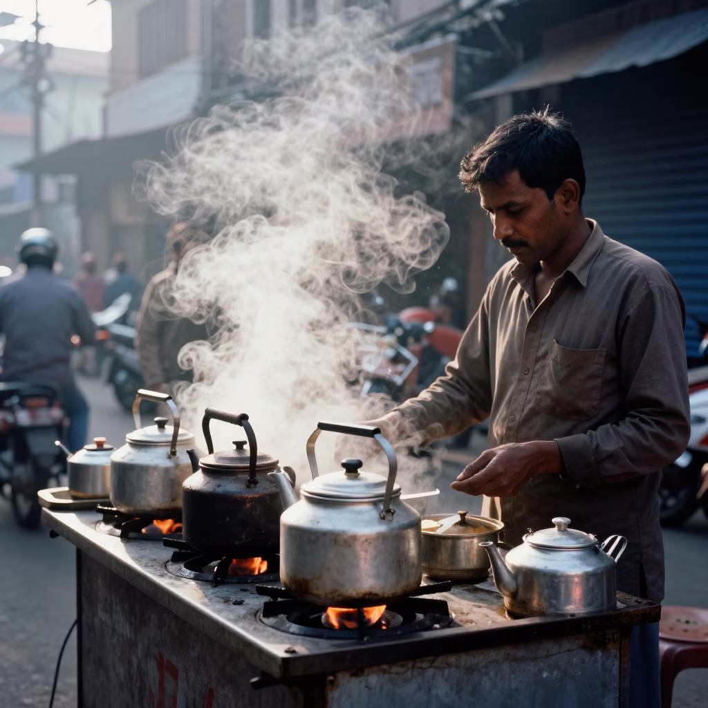 Early Morning Delhi Street Tea Stall with Kettles and Local Morning Routine in in Delhi, India