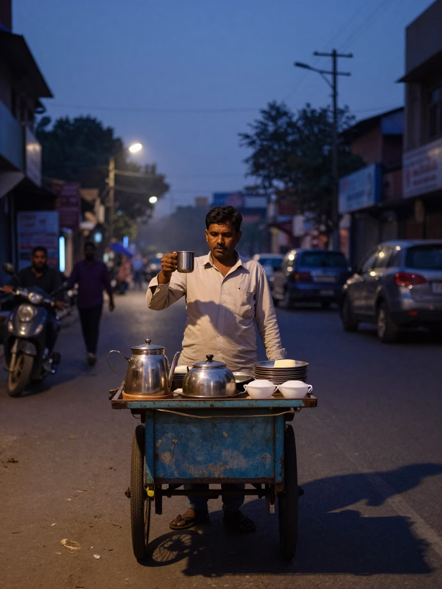 Early Morning Delhi Street Vendor Selling Hot Tea and Snacks Before Dawn in in Delhi, India