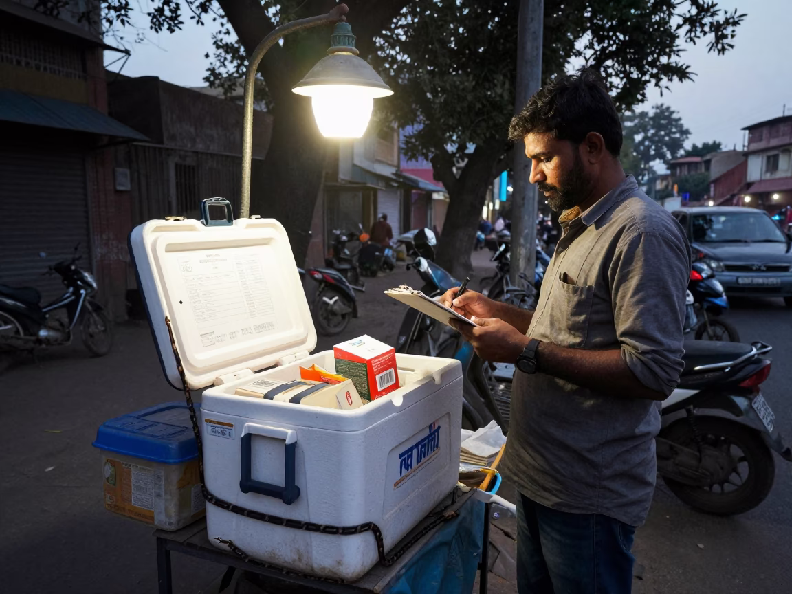 Early Morning Delhi Street Vendor With Cold Chain Cooler and Clipboard Before Dawn in in Delhi, India