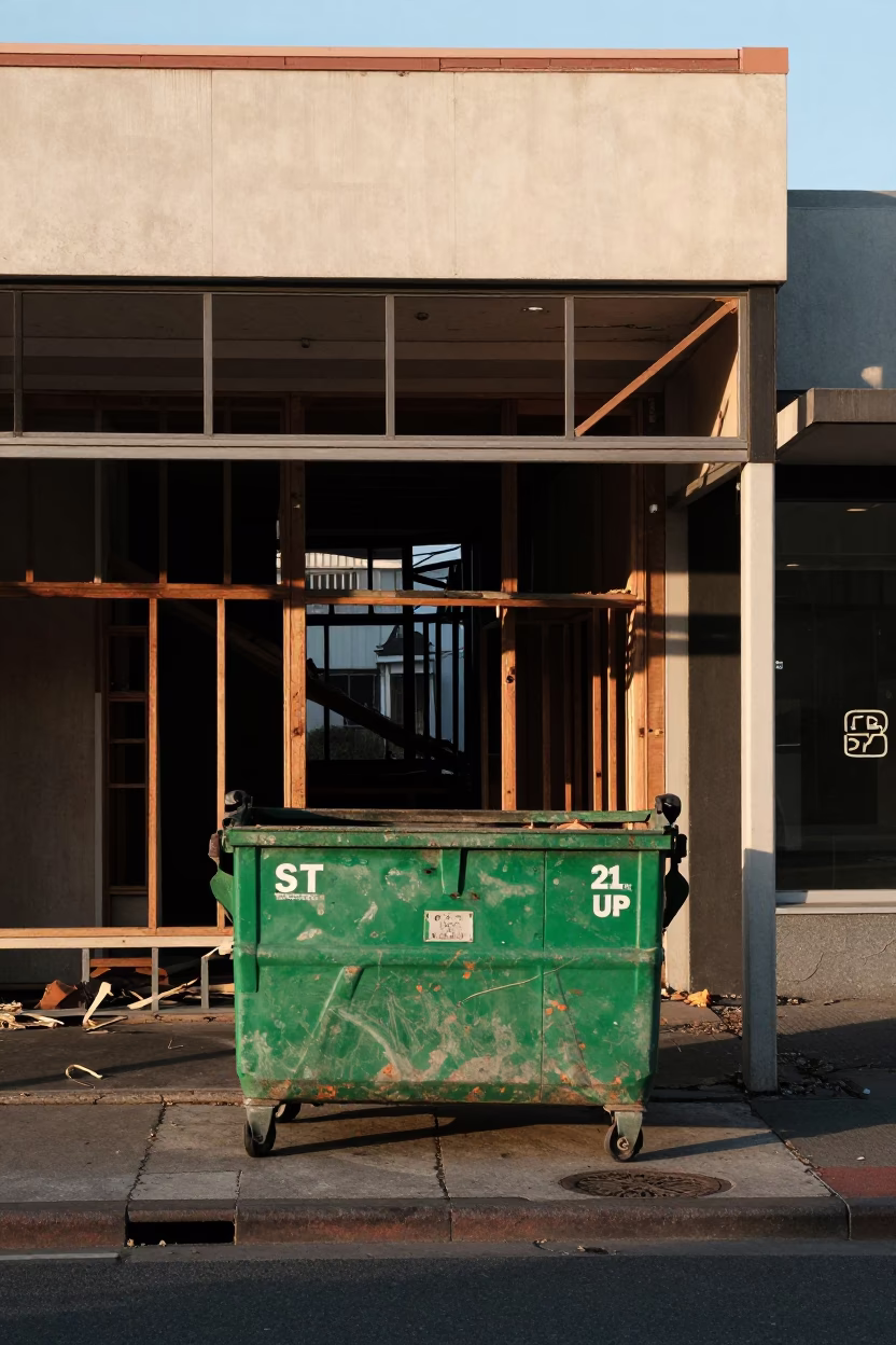Early Morning Demolition Dumpster Beneath Gutted Storefront Facade in Adelaide South Australia in in Adelaide, South Australia, Australia