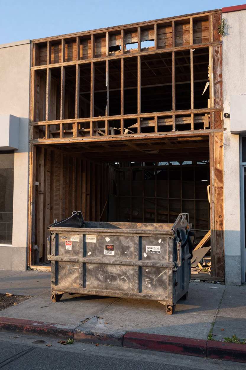 Early Morning Demolition Dumpster Beneath Gutted Storefront in Los Angeles California in in Los Angeles, California, United States