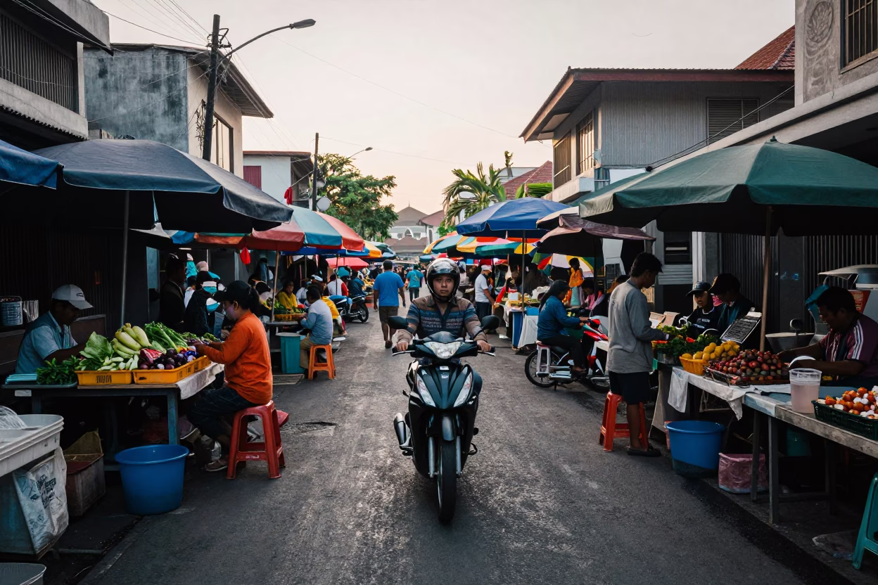 Early Morning Denpasar Indonesia Street Scene with Local Market Activity in in Denpasar, Indonesia