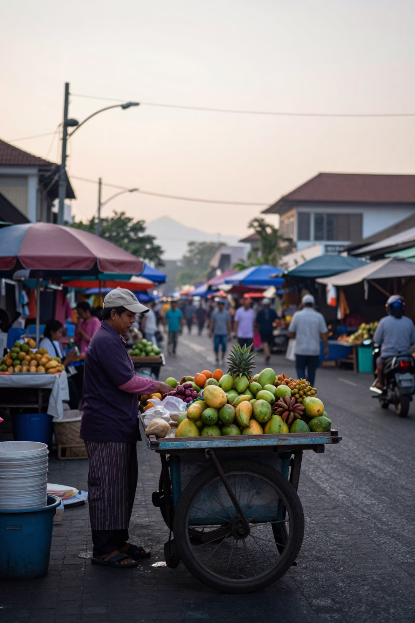 Early Morning Denpasar Indonesia Street Scene with Local Morning Routine and Traditional Elements in in Denpasar, Indonesia