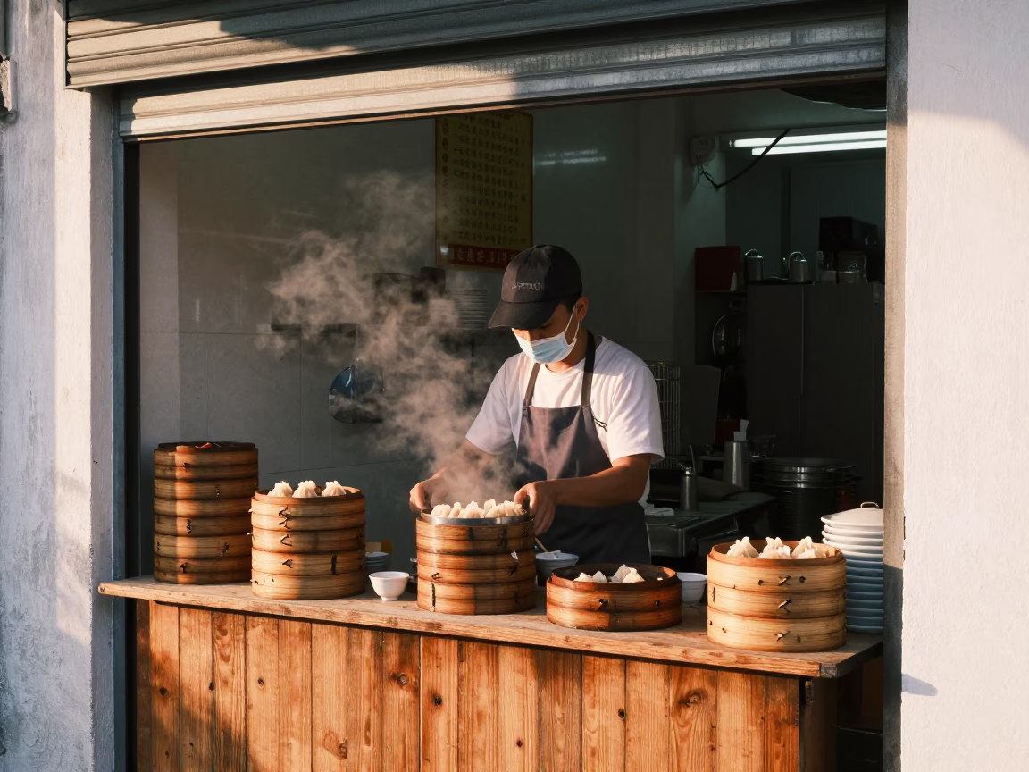 Early Morning Dim Sum Steamers on Wooden Counter in George Town Malaysia First Light in in George Town, Malaysia