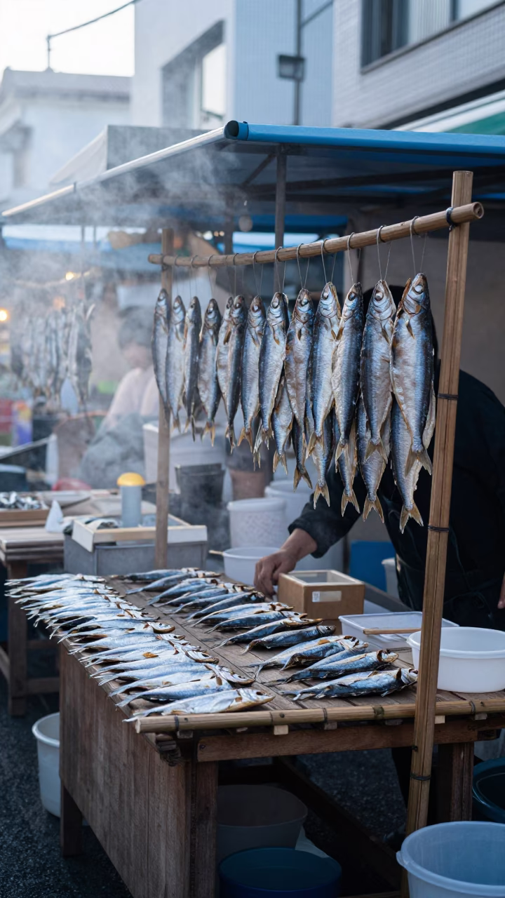 Early Morning Dried Fish Stall in Osaka Street Market in in Osaka, Japan